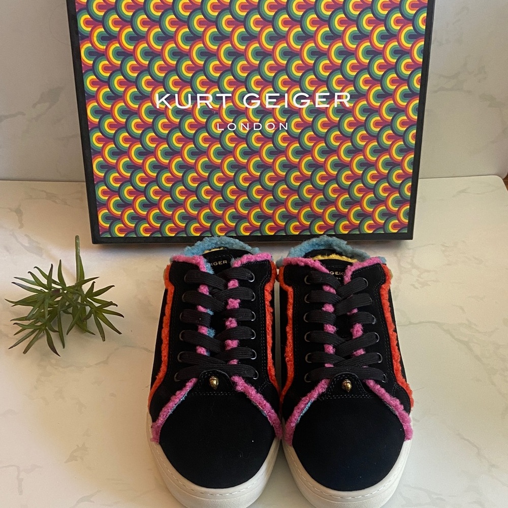 Kurt Geiger Kensington Cupsole Mule Black Faux Fur Leather Slides Size 9 NIB